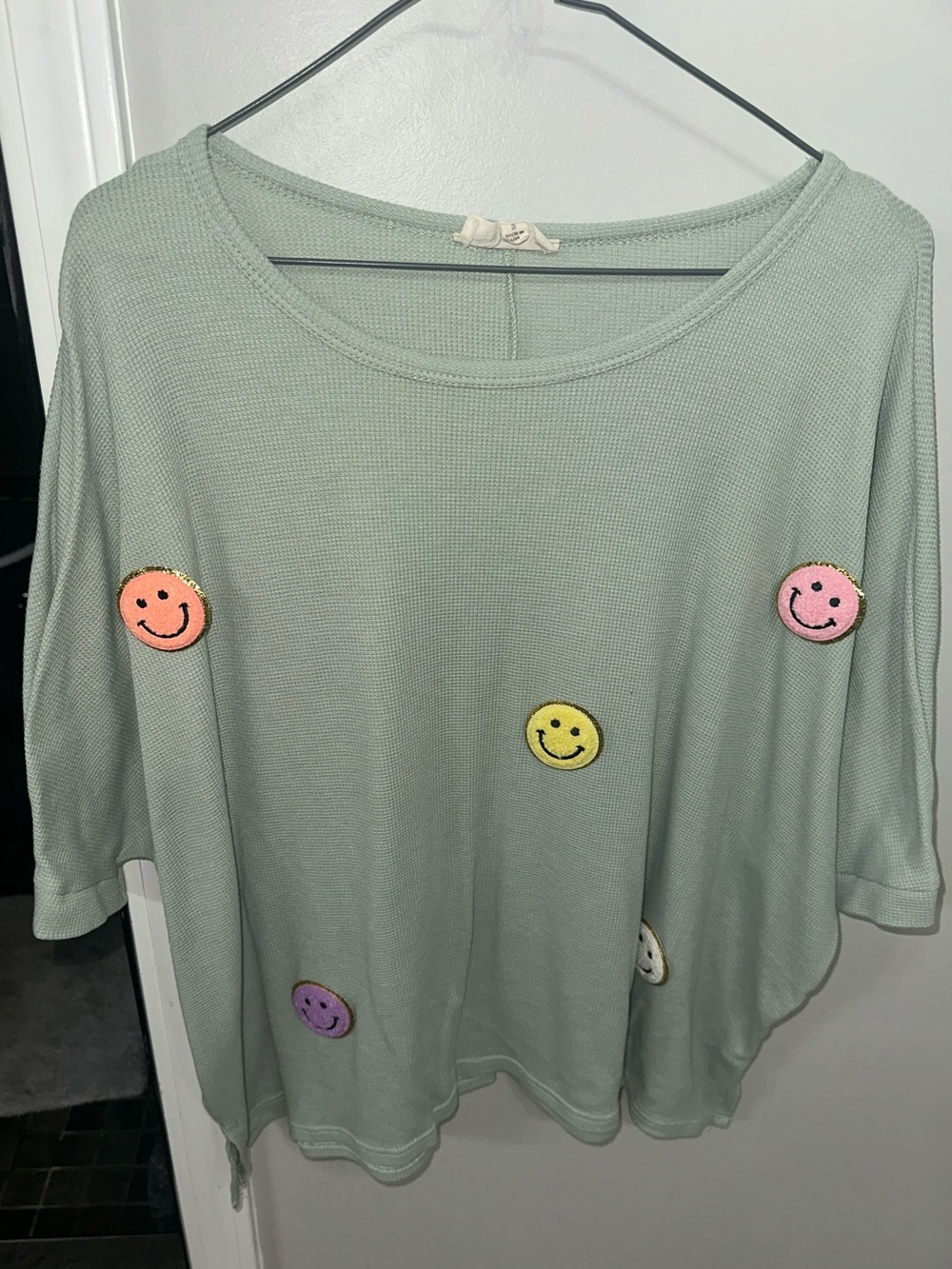 Relaxed Mint Green Short Sleeve Top with Smiley Patch Details